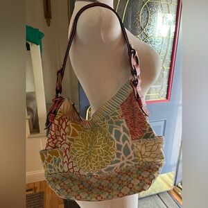 Fossil Y2K Kristy Floral Print Canvas Hobo Bag Brown Leather Strap Vintage